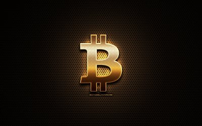 Bitcoin glitter logo, cryptocurrency, creative, metal grid background, Bitcoin logo, brands, Bitcoin