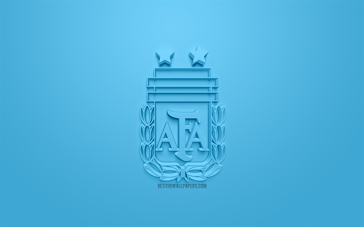 Arjantin Milli Futbol Takımı, yaratıcı 3D logosu, mavi arka plan, 3d amblem, Arjantin, CONMEBOL, 3d sanat, futbol, 3d logo şık