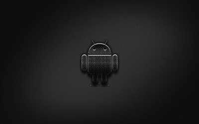 Android logo noir, cr&#233;ative, le m&#233;tal de la grille d&#39;arri&#232;re-plan, Android, le logo, les marques