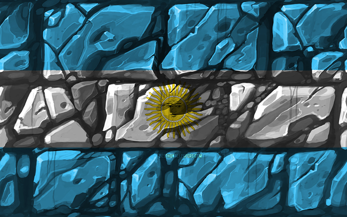 Argentinian flag, brickwall, 4k, South American countries, national symbols, Flag of Argentina, creative, Argentina, South America, Argentina 3D flag