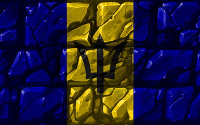Barbados bandiera, brickwall, 4k, paesi del Nord america, simboli nazionali, Bandiera di Barbados, creativo, Barbados, Nord America, Barbados 3D bandiera