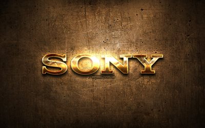 Sony golden logo, artwork, gold letters, brown metal background, creative, Sony logo, brands, Sony