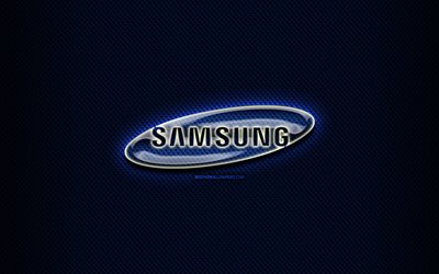 Samsung glass logo, blue background, artwork, brands, Samsung logo, creative, Samsung