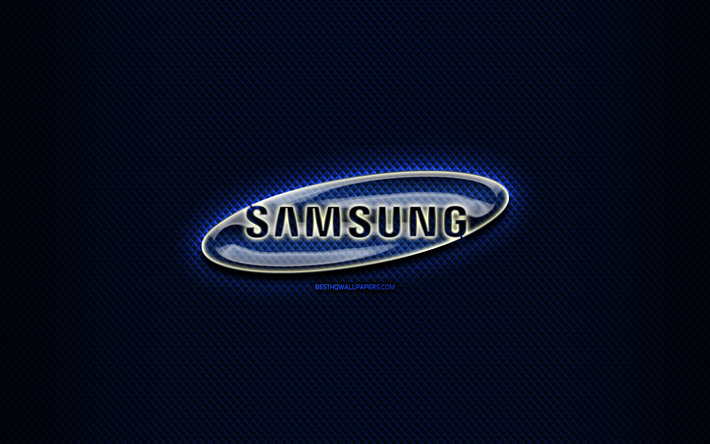 Samsung logo di vetro, sfondo blu, grafica, marchi, logo Samsung, creative, Samsung