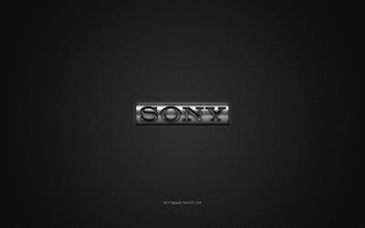 Sony logo, gray shiny logo, Sony metal emblem, wallpaper for Sony smartphones, gray carbon fiber texture, Sony, brands, creative art