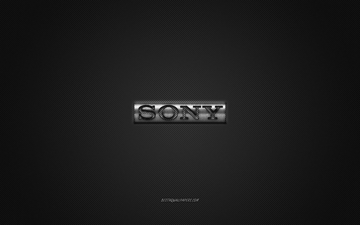 Sony-logo, harmaa kiilt&#228;v&#228; logo, Sony metalli-tunnus, wallpaper Sony &#228;lypuhelimet, harmaa hiilikuitu rakenne, Sony, merkkej&#228;, creative art