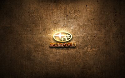 Subaru golden logo, cars brands, artwork, brown metal background, creative, Subaru logo, brands, Subaru