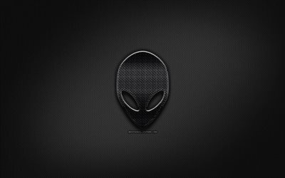 Alienware black logo, creative, metal grid background, Alienware logo, brands, Alienware