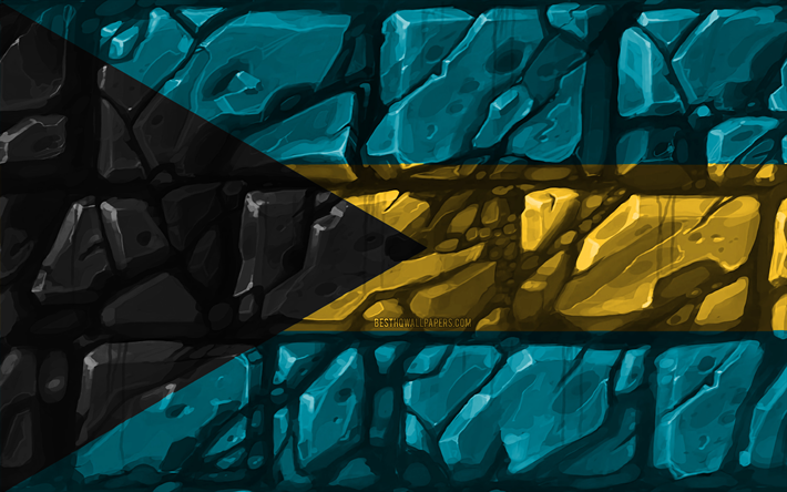 Bahamas, bandiera, brickwall, 4k, paesi del Nord america, simboli nazionali, Bandiera delle Bahamas, creativo, Nord America, Bahamas 3D bandiera