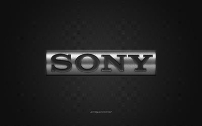 Logotipo de Sony, plata brillante logotipo de Sony metal de plata con el emblema de fondo de pantalla para los dispositivos de Sony, de fibra de carbono plata textura, Sony, marcas, arte creativo