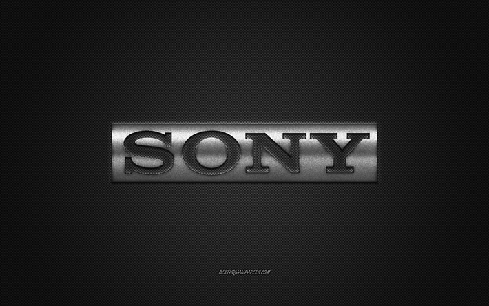 Sony logo, silver shiny logo, Sony silver metal emblem, wallpaper for Sony devices, silver carbon fiber texture, Sony, brands, creative art