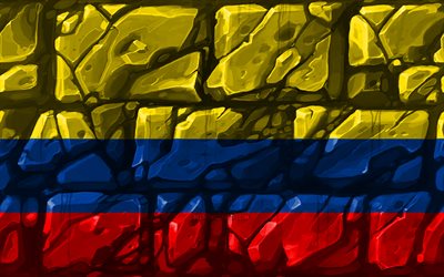 Colombian flag, brickwall, 4k, South American countries, national symbols, Flag of Colombia, creative, Colombia, South America, Colombia 3D flag