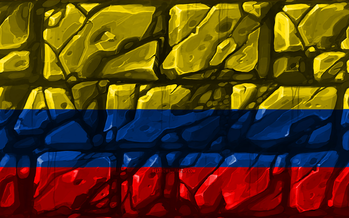 Colombiano bandiera, brickwall, 4k, paesi del Sud america, simboli nazionali, Bandiera della Colombia, creativo, Colombia, Sud America, Colombia 3D bandiera