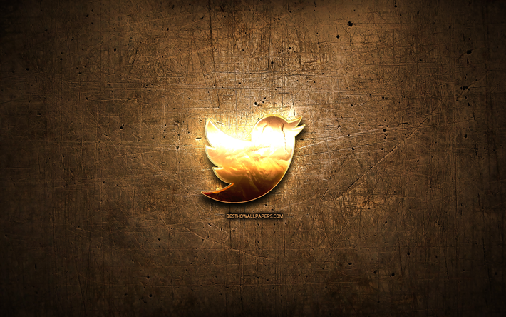 Twitter ouro logotipo, rede social, obras de arte, letras de ouro, marrom metal de fundo, criativo, Log&#243;tipo Twitter, marcas, Twitter