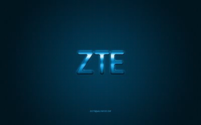 ZTEロゴ, 青色の光沢のあるロゴ, ZTE金属エンブレム, 壁紙用のお客様スマートフォン, 青炭素繊維の質感, ZTE, ブランド, 【クリエイティブ-アート