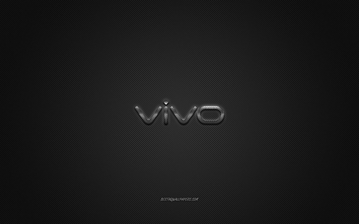 Vivo logo, gri, parlak, logo, metal amblemi Vivo, Vivo akıllı telefonlar i&#231;in duvar kağıdı, gri karbon fiber doku, Vivo, markalar, yaratıcı sanat