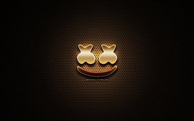 Marshmello logotipo de brillo, estrellas de la m&#250;sica, creativo, Christopher Comstock, rejilla de metal de fondo, Marshmello logotipo, marcas, DJ Marshmello