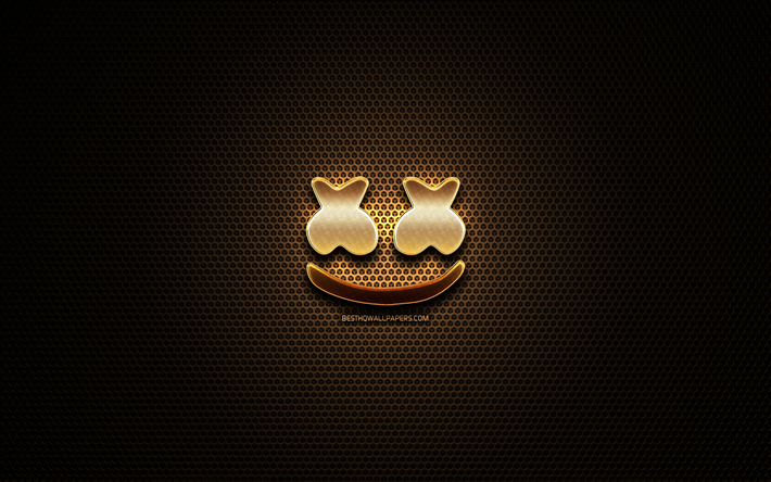 Marshmello paillettes logo, stars de la musique, de cr&#233;ativit&#233;, de Christopher Comstock, le m&#233;tal de la grille d&#39;arri&#232;re-plan, Marshmello logo, marques, DJ Marshmello