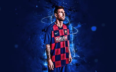 Lionel Messi, close-up, 2019, Barcelona FC, football stars, argentinian footballers, FCB, Messi, Leo Messi, soccer, La Liga, neon lights, LaLiga, Spain, Barca