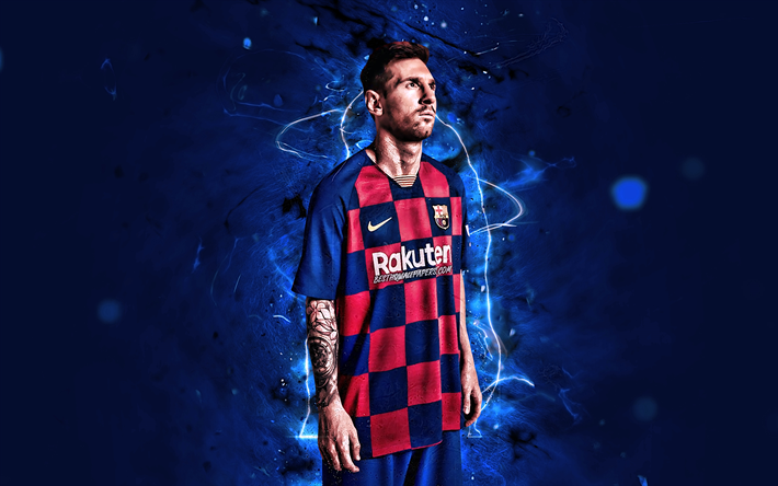 Lionel Messi, close-up, 2019, O Barcelona FC, estrelas do futebol, argentino de futebol, FCB, Messi, Leo Messi, futebol, A Liga, luzes de neon, LaLiga, Espanha, Barca