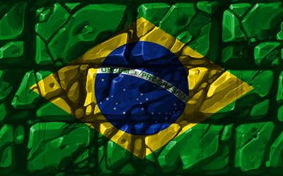 Brazilian flag, brickwall, 4k, South American countries, national symbols, Flag of Brazil, creative, Brazil, South America, Brazil 3D flag