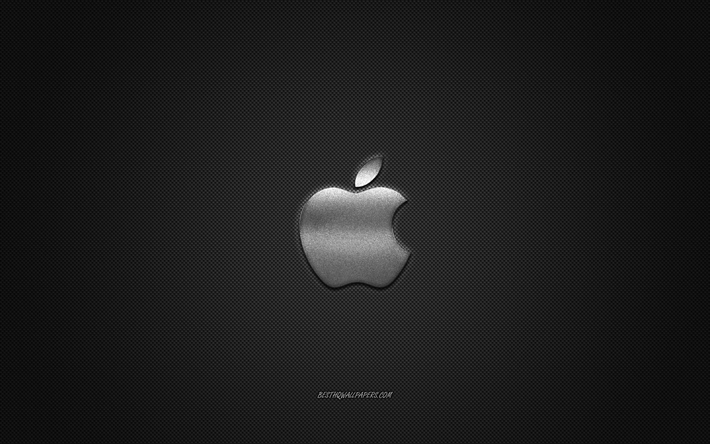 Apple-logo, hopea kiilt&#228;v&#228; logo, Apple metalli-tunnus, taustakuva Apple-&#228;lypuhelimet, hopea hiilikuitu rakenne, Apple, merkkej&#228;, creative art