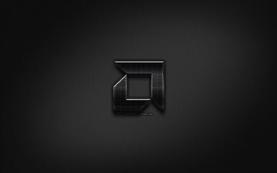 AMD black logo, creative, metal grid background, AMD logo, brands, AMD