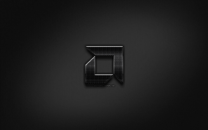 amd black-logo, kreativ, metal grid background, amd-logo, marken, amd
