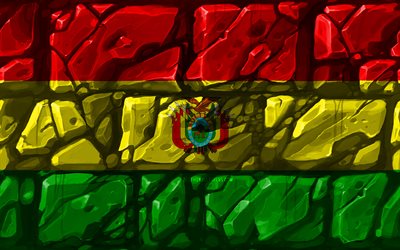 Bolivian flag, brickwall, 4k, South American countries, national symbols, Flag of Bolivia, creative, Bolivia, South America, Bolivia 3D flag