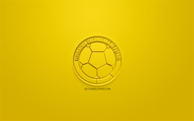 コロンビア国立サッカーチーム, 創作3Dロゴ, 黄色の背景, 3dエンブレム, コロンビア, セ, 3dアート, サッカー, お洒落な3dロゴ