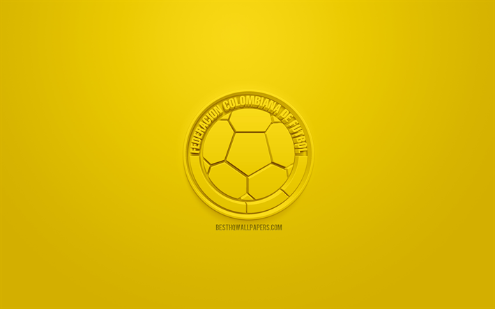 Kolombiya Milli Futbol Takımı, yaratıcı 3D logo, sarı arka plan, 3d amblem, Kolombiya, CONMEBOL, 3d sanat, futbol, 3d logo şık
