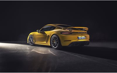 Porsche 718 Cayman GT4, 2020, exterior, rear view, yellow supercar, new yellow 718 Cayman GT4, German sports cars, Porsche