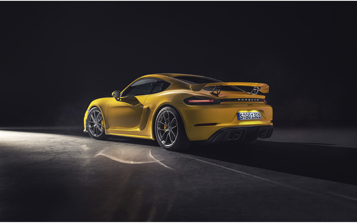 Porsche 718 Cayman GT4, 2020, exterior, vista posterior, amarillo supercar, nueva amarillo 718 Cayman GT4, alem&#225;n de autom&#243;viles deportivos, Porsche