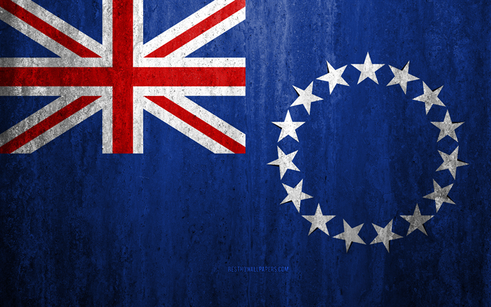 Flag of Cook Islands, 4k, stone background, grunge flag, Oceania, Cook Islands flag, grunge art, national symbols, Cook Islands, stone texture