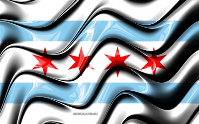 Chicago bandeira, 4k, Estados unidos cidades, Illinois, Arte 3D, Bandeira de Chicago, EUA, Cidade de Chicago, cidades da am&#233;rica, Chicago 3D bandeira, Cidades dos EUA, Chicago