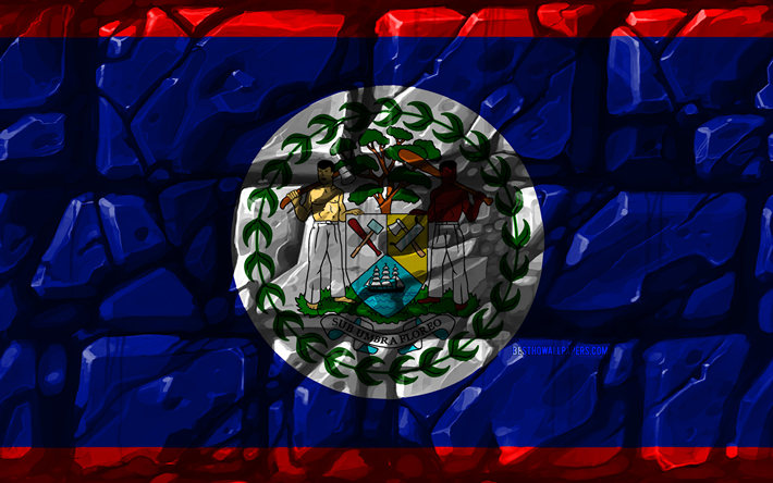 Belizen lipun alla, brickwall, 4k, Pohjois-Amerikan maissa, kansalliset symbolit, Lippu Belizen, luova, Belize, Pohjois-Amerikassa, Belize 3D flag