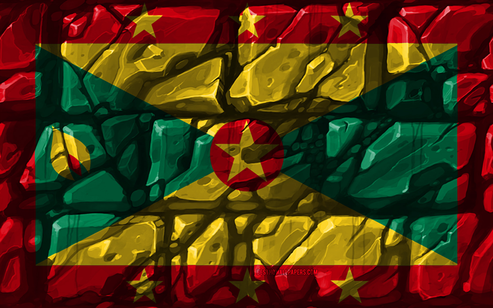 Grenada bayrağı, brickwall, 4k, Kuzey Amerika &#252;lkeleri, ulusal semboller, Grenada, yaratıcı, Kuzey Amerika Bayrağı, Grenada 3D bayrak
