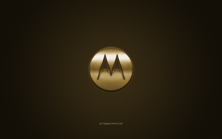 Motorola logotyp, guld gl&#228;nsande logotyp, Motorola metall emblem, tapeter f&#246;r Motorola smartphones, guld kolfiber konsistens, Motorola, varum&#228;rken, kreativ konst