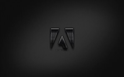 Adobe black logo, creative, metal grid background, Adobe logo, brands, Adobe