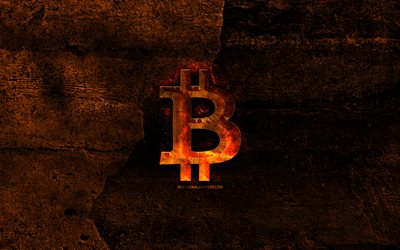 Bitcoin fiery logo, cryptocurrency, orange stone background, creative, Bitcoin logo, brands, Bitcoin