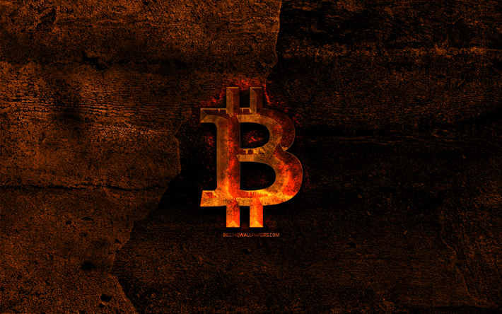 Bitcoin tulinen logo, kryptovaluutta, oranssi kivi tausta, luova, Bitcoin-logo, merkkej&#228;, Bitcoin