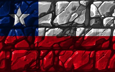 التشيلي العلم, brickwall, 4k, بلدان أمريكا الجنوبية, الرموز الوطنية, العلم شيلي, الإبداعية, شيلي, أمريكا الجنوبية, شيلي 3D العلم