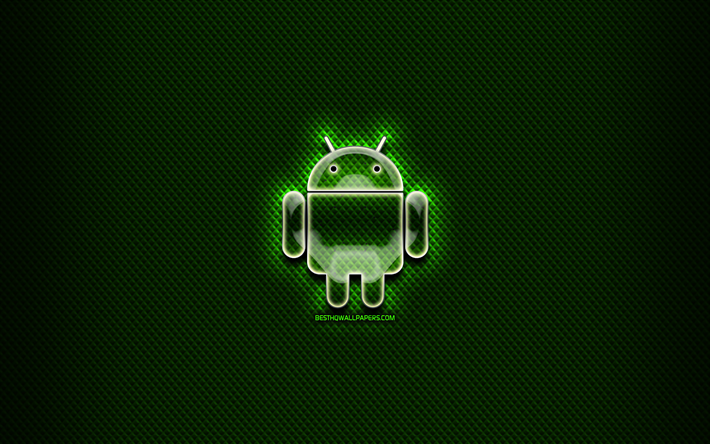 Android glass logo, green background, artwork, brands, Android logo, creative, Android
