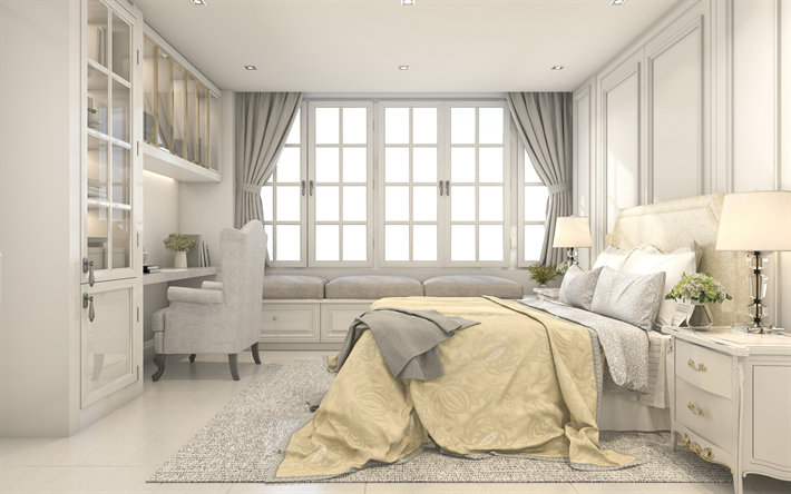 modern interior design, bedroom, classic style, stylish interior, beige bedroom, sofa near the window