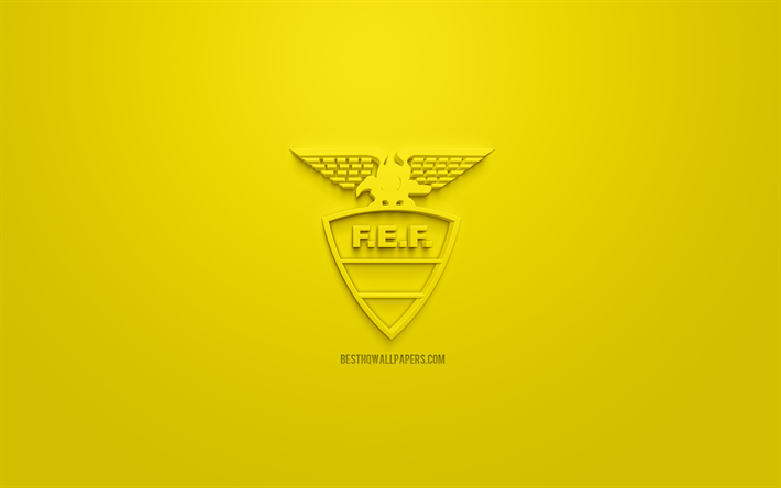 Ecuadorin jalkapallomaajoukkue, luova 3D logo, keltainen tausta, 3d-tunnus, Ecuador, CONMEBOL, 3d art, jalkapallo, tyylik&#228;s 3d logo