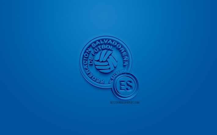 El Salvador &#233;quipe nationale de football, cr&#233;atrice du logo 3D, fond bleu, 3d embl&#232;me, d&#39;El Salvador, de la CONCACAF, art 3d, le football, l&#39;&#233;l&#233;gant logo 3d