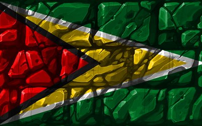 De Guyanese bandeira, brickwall, 4k, Pa&#237;ses da Am&#233;rica do sul, s&#237;mbolos nacionais, Bandeira da Guiana, criativo, Guiana, Am&#233;rica Do Sul, Guiana 3D bandeira