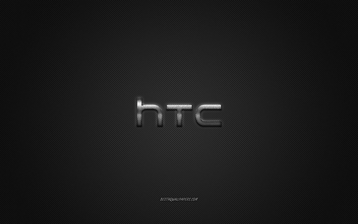 HTC logo, gray shiny logo, HTC metal emblem, wallpaper for HTC smartphones, gray carbon fiber texture, HTC, brands, creative art