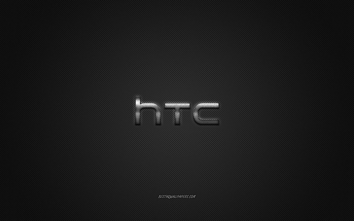 Le logo HTC, gris brillant logo, HTC embl&#232;me m&#233;tallique, fond d&#39;&#233;cran pour les smartphones HTC, gris en fibre de carbone texture, HTC, marques, art cr&#233;atif