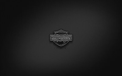 Harley-Davidson black logo, motorcycles brands, creative, metal grid background, Harley-Davidson logo, brands, Harley-Davidson